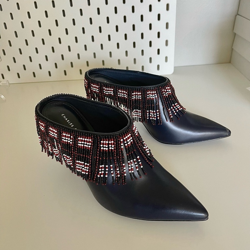 Navy Blue Vintage Beaded Fringe Women's Shoes